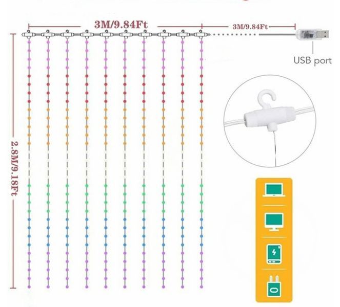Гірлянда Штора Роса 3х2.8м+пульт ДУ,та гачки для монтажу USB 1459651006 фото