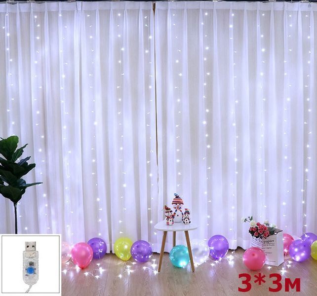 Гірлянда Штора 300LED. 3х3м,+ пульт ДУ та гачки для монтажу. USB колір. Холодний Білий 1468742368 фото